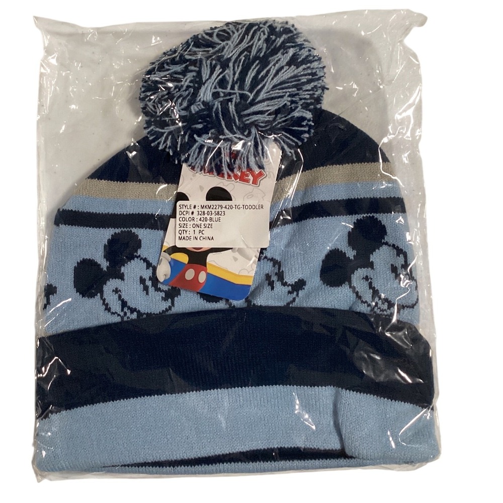Disney‎ Mickey Mouse Toddler Beanie Hat Pom Pom Blue Knit Kids